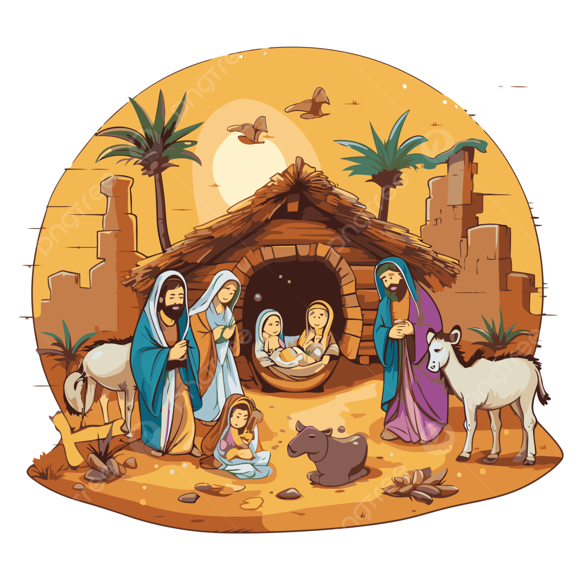 Free Nativity Scene Vector Sticker Clipart Cartoon Nativity Scene With The Children Sticker Clipart PNG And Vector With Transparent Background For Free Download