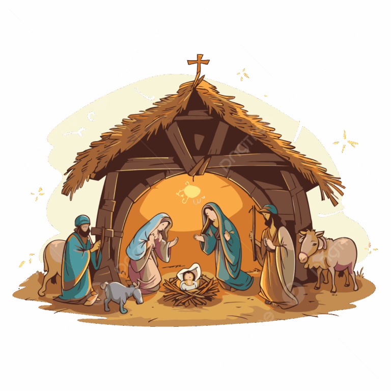 Free Nativity Scene Vector Sticker Clipart Christmas Nativity Scene With Jesus In A Manger With Shepherds And Sheep Cartoon Sticker Clipart PNG And Vector With Transparent Background For Free Download