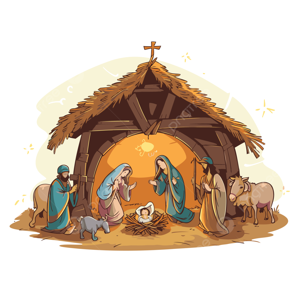 Free Nativity Scene Vector Sticker Clipart Christmas Nativity Scene With Jesus In A Manger With Shepherds And Sheep Cartoon Sticker Clipart PNG And Vector With Transparent Background For Free Download