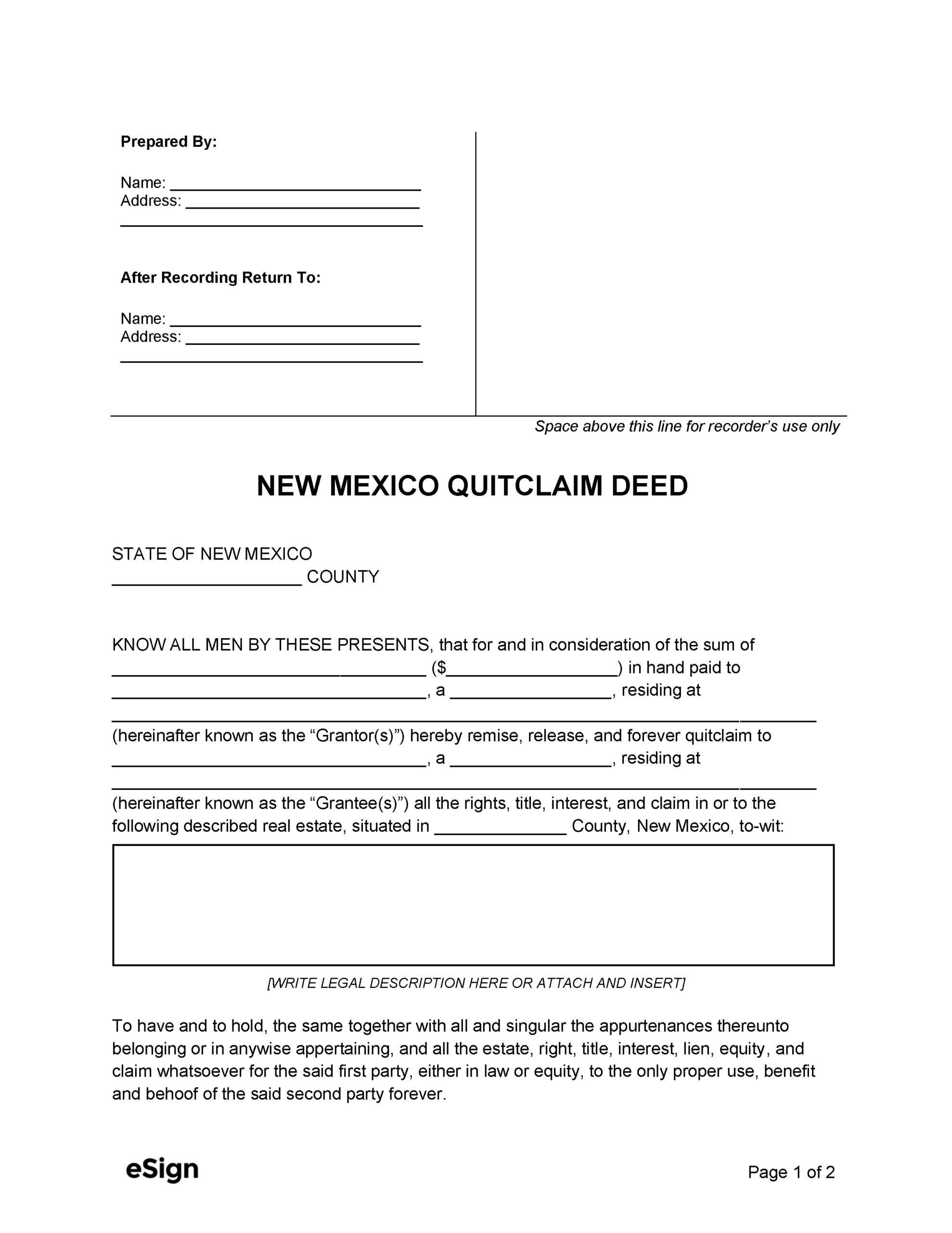 Free New Mexico Quitclaim Deed Form PDF Word