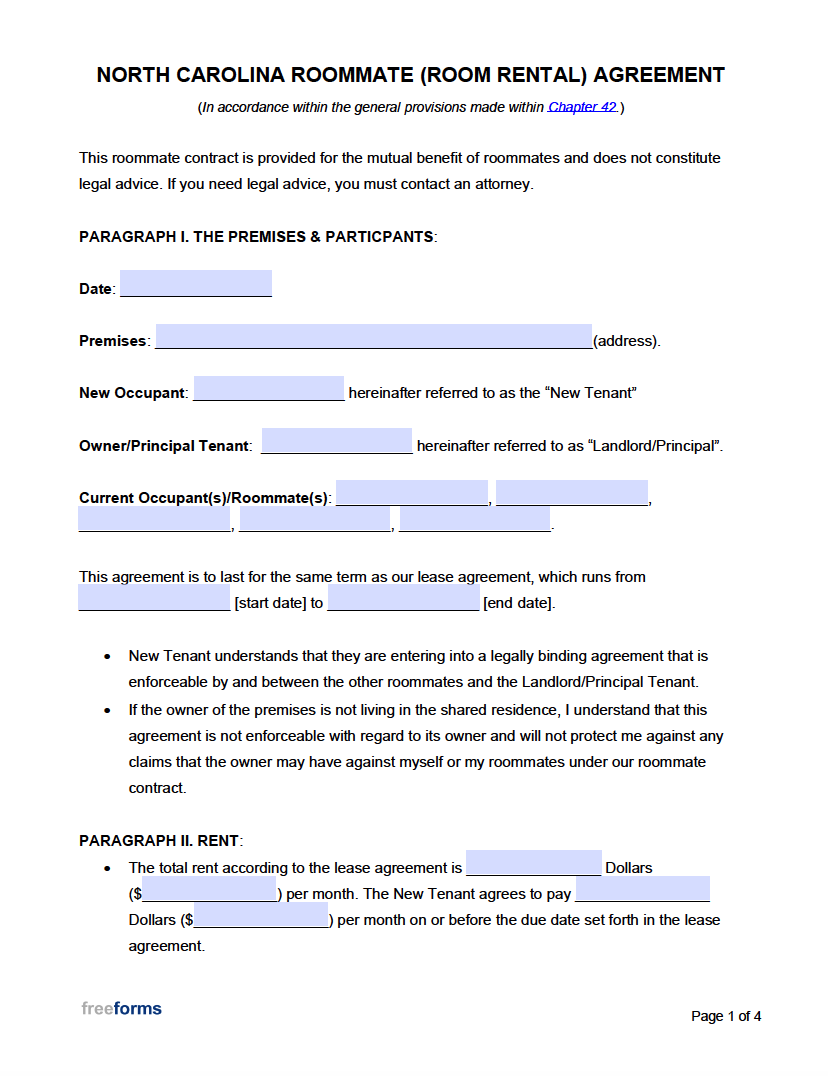 Free North Carolina Roommate Room Rental Agreement Template 