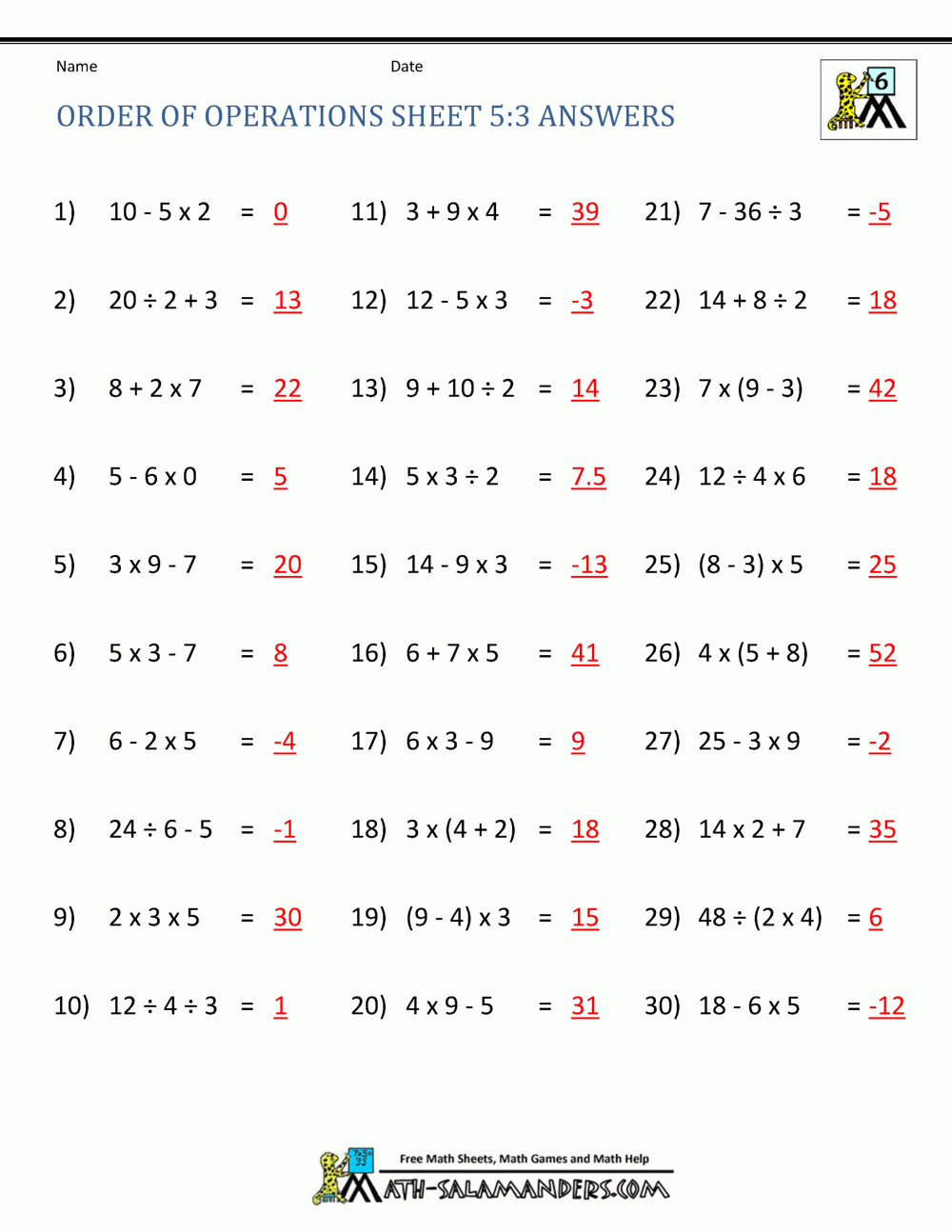 Free Order Of Operations Worksheet And Answers Download Free 