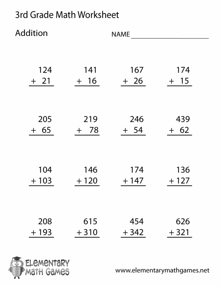 Free Printable Addition Worksheet For Third Grade