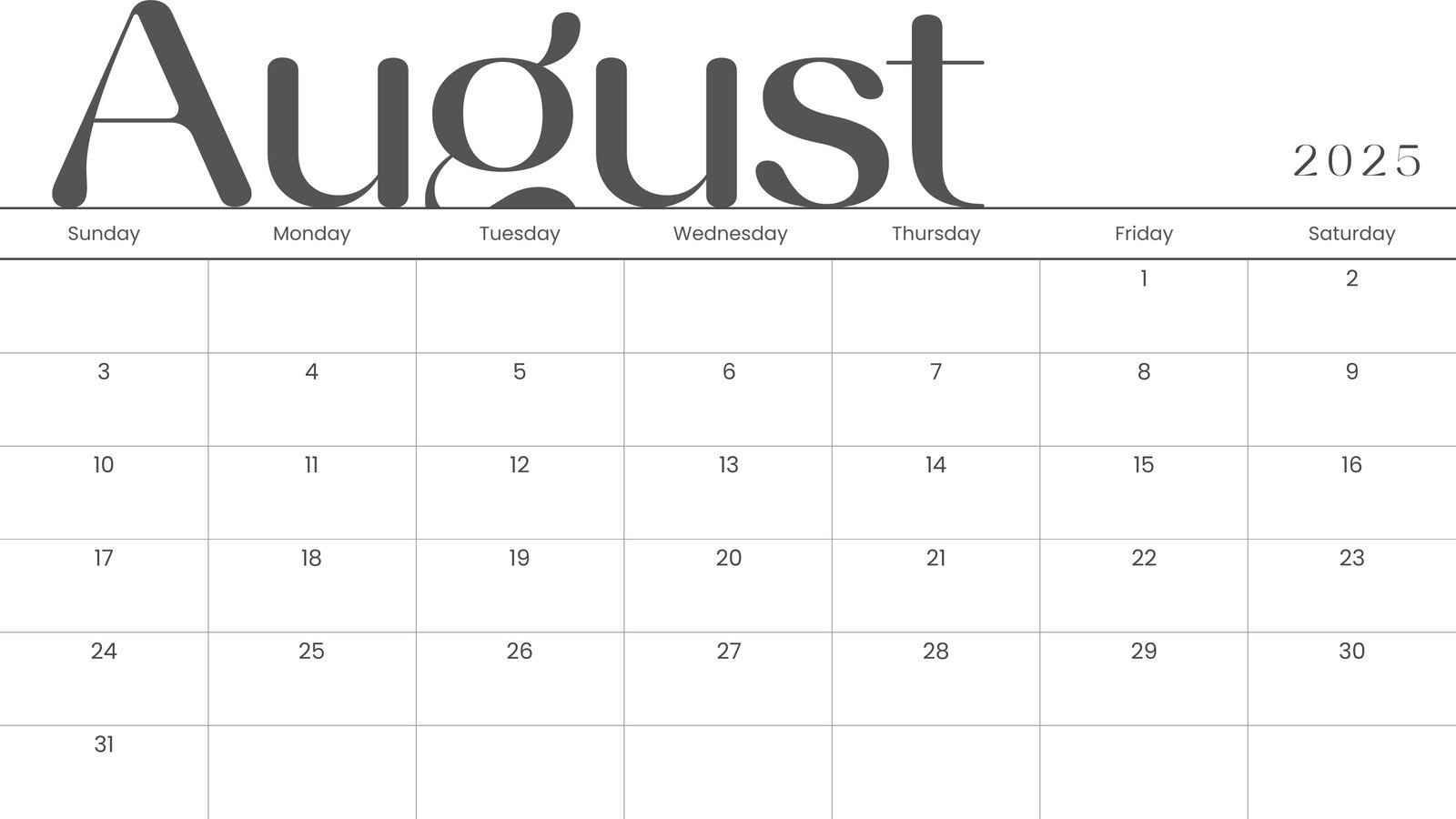 Free Printable August 2025 Calendar