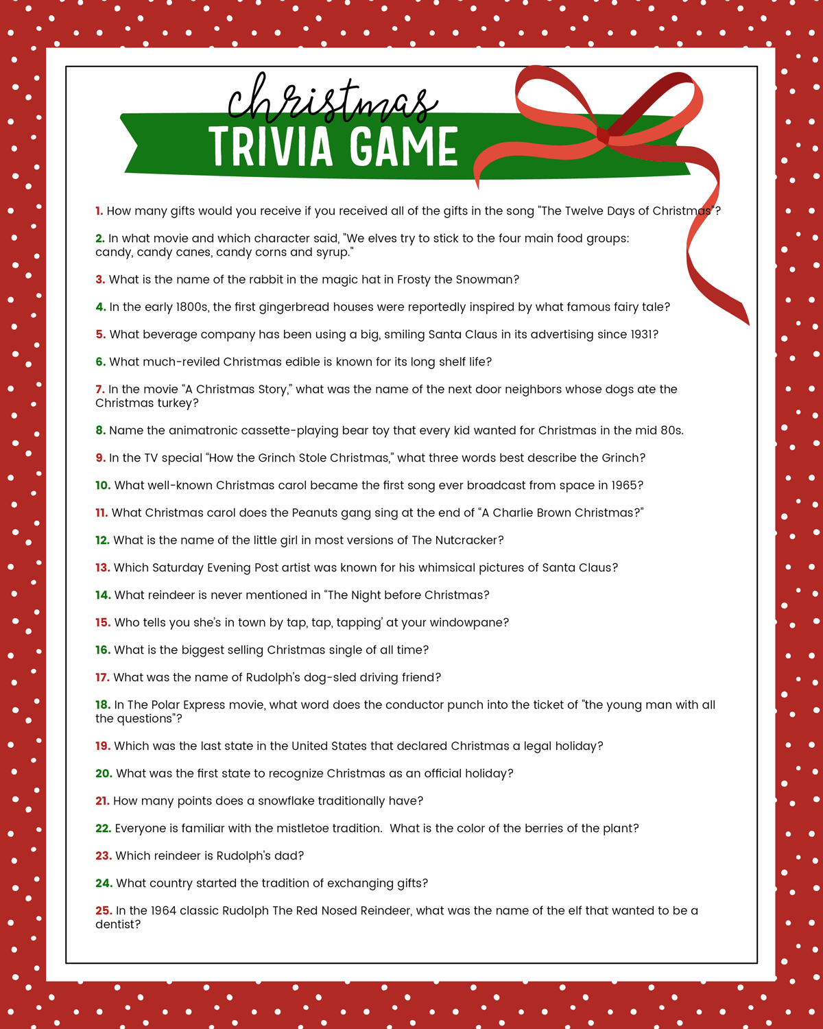 Free Christmas Trivia Printable