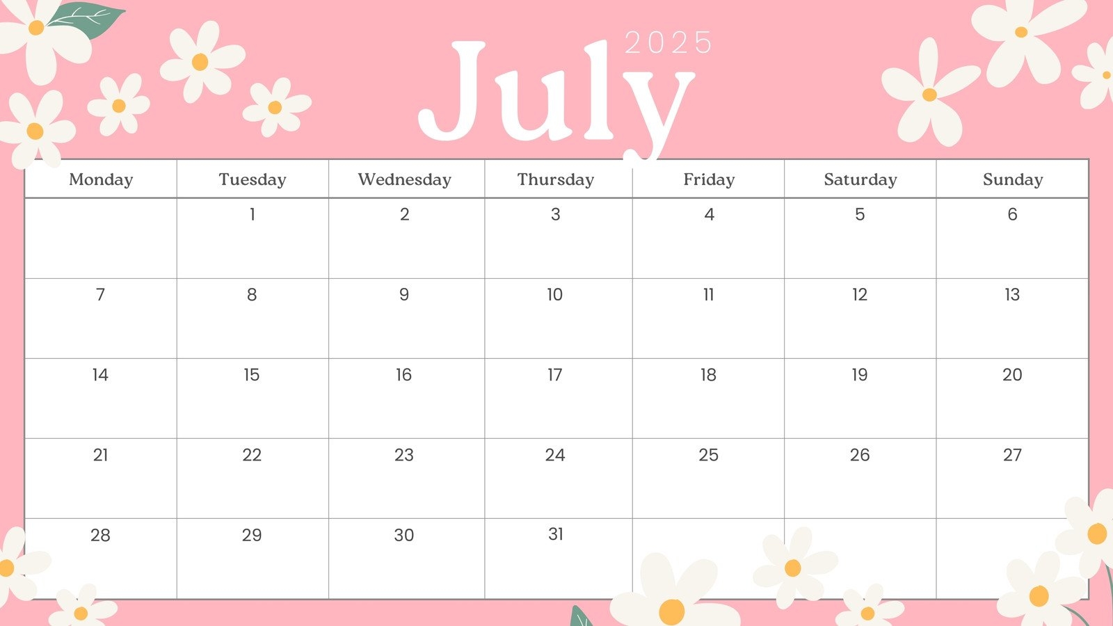 Free Printable July 2025 Calendar