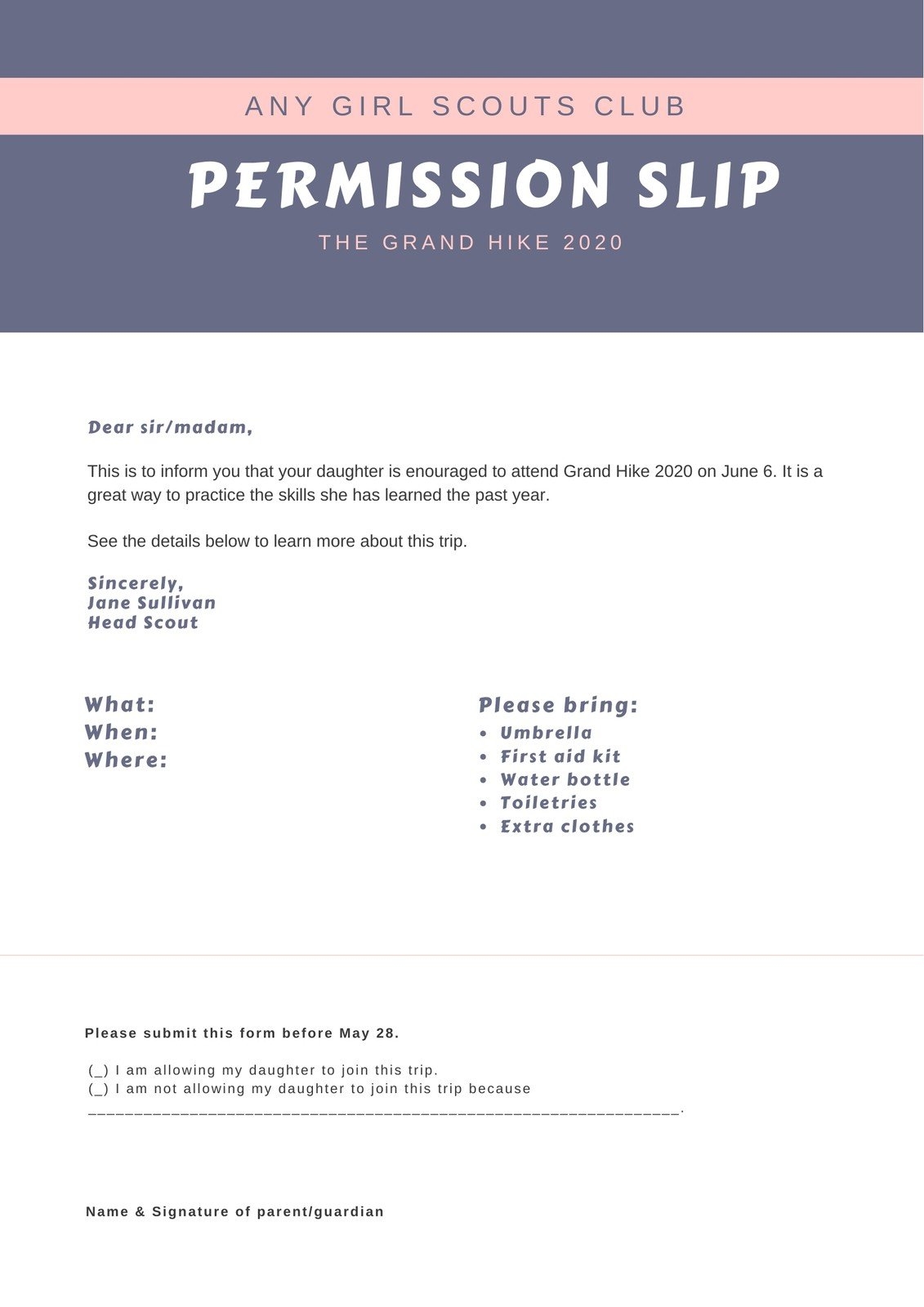 Free Printable Customizable Permission Slip Letter Templates Canva