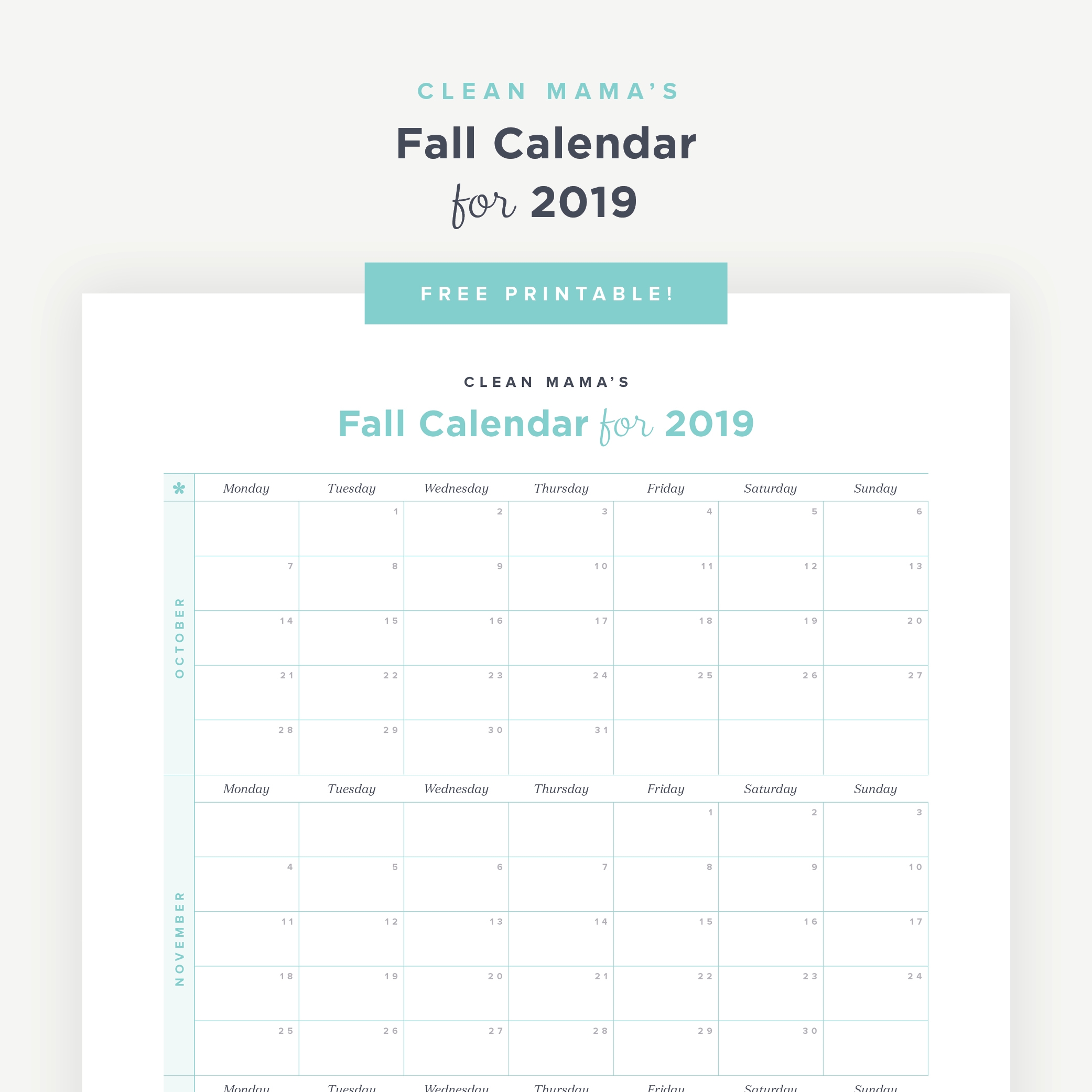 Free Printable Fall 2019 Calendar Clean Mama