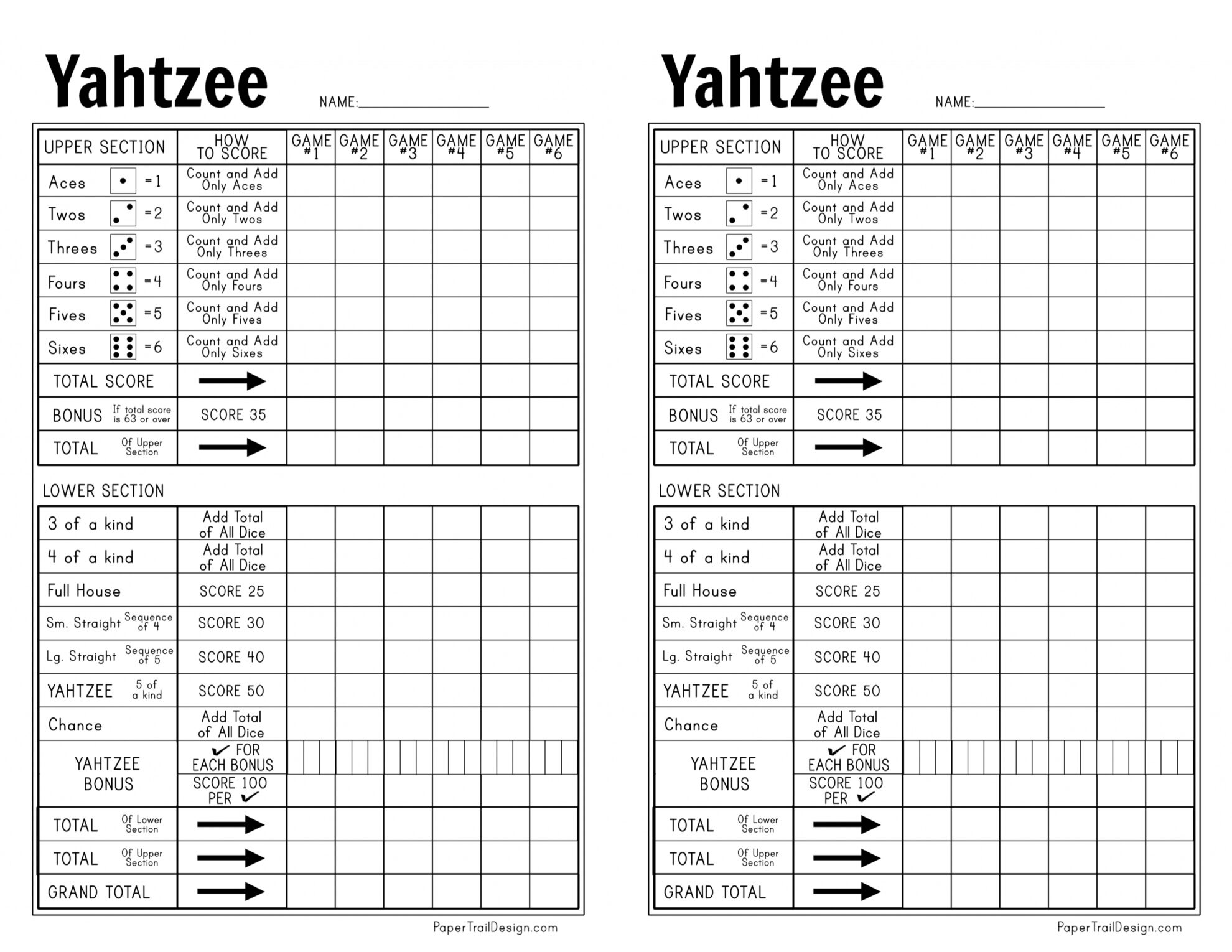 Free Printable Yahtzee Score Card Paper Trail Design Worksheets Library