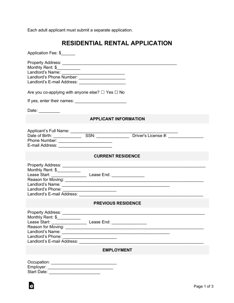Free Rental Application Form PDF Word EForms