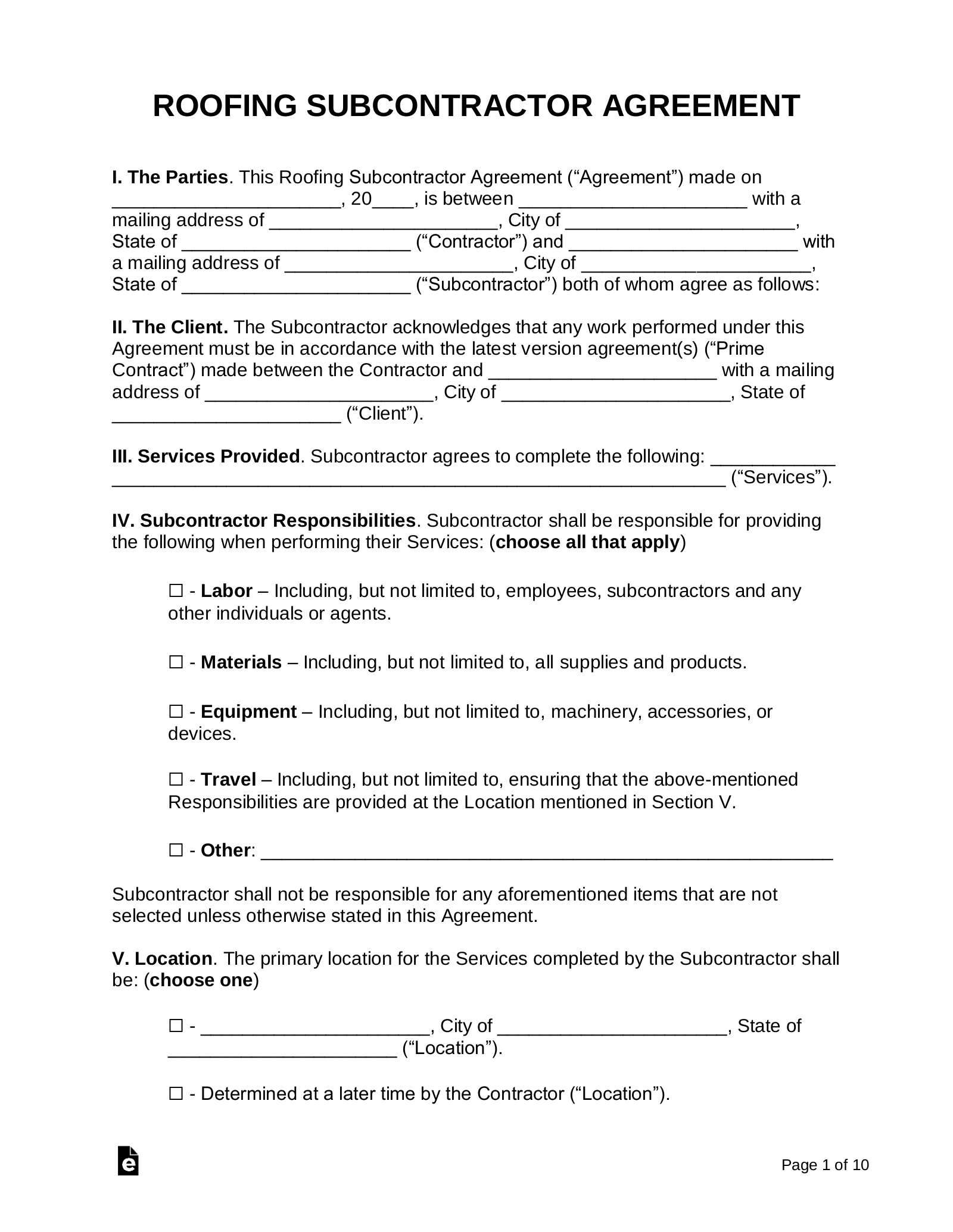 Free Roofing Subcontractor Agreement PDF Word EForms