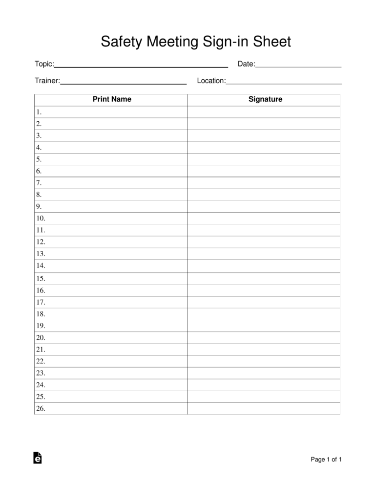 Free Safety Meeting Sign in Sheet Template PDF Word EForms