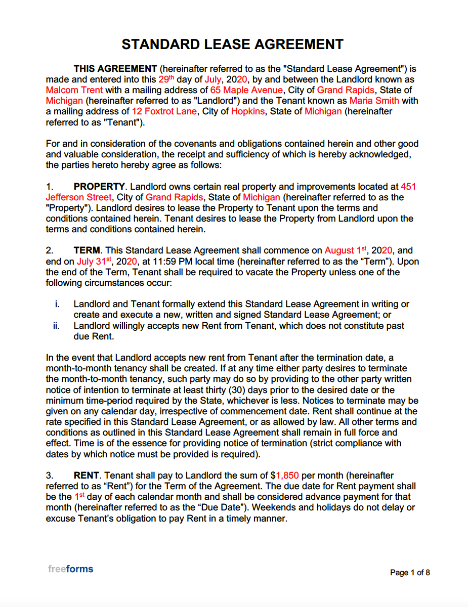 Free Printable Rental Lease Agreement Pdf