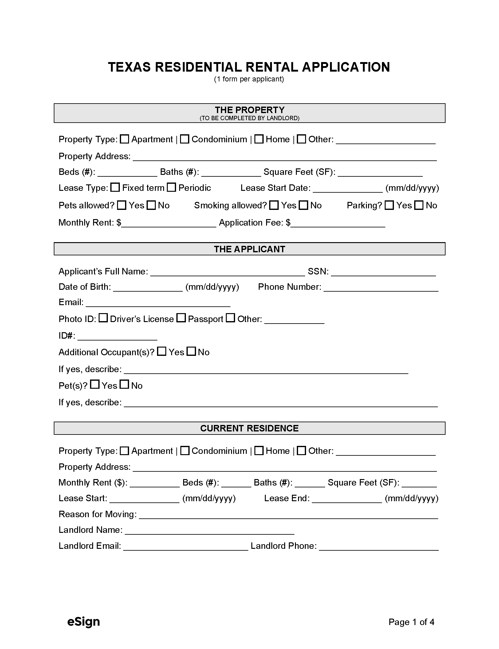 Free Texas Rental Application Form Template PDF Word
