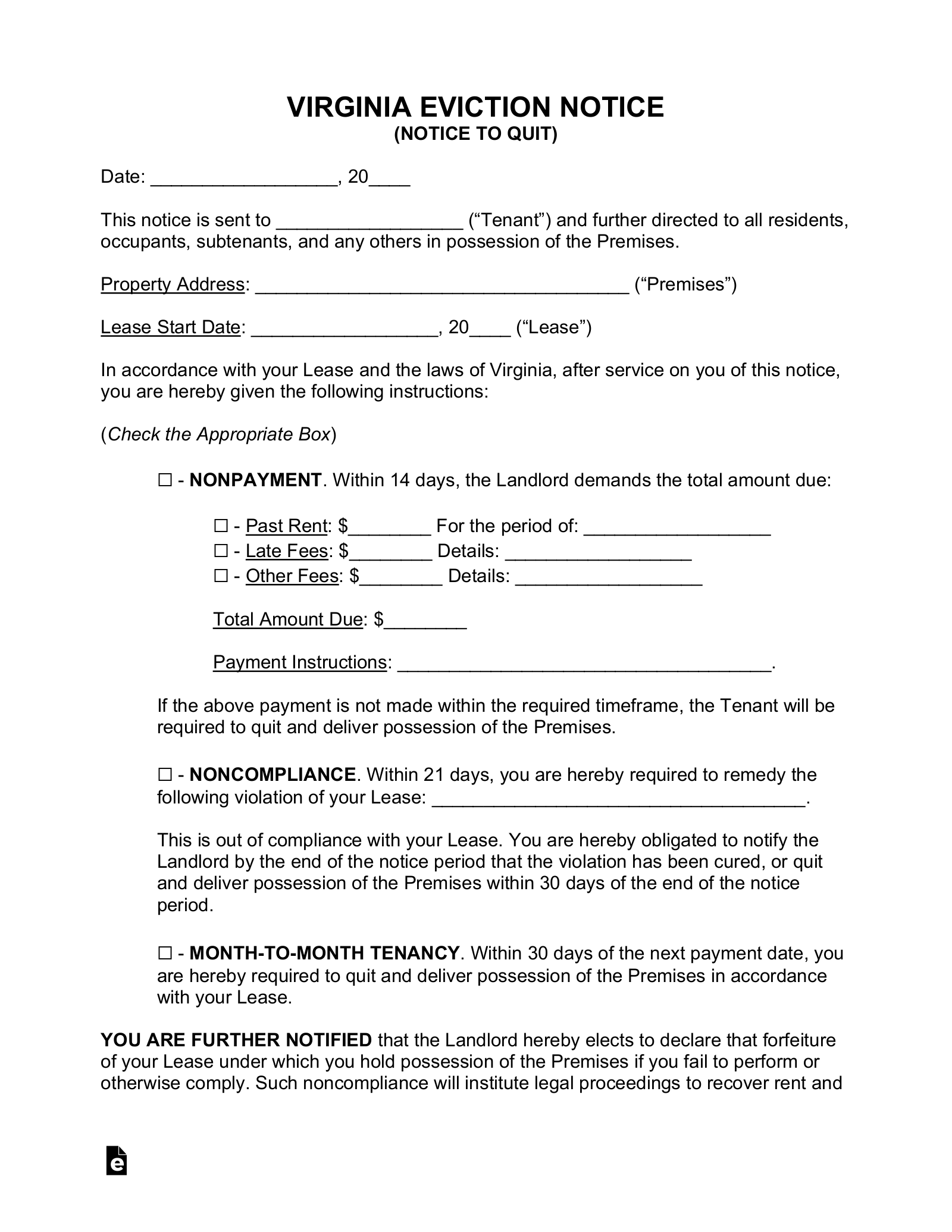 Free Virginia Eviction Notice Forms 3 PDF Word EForms