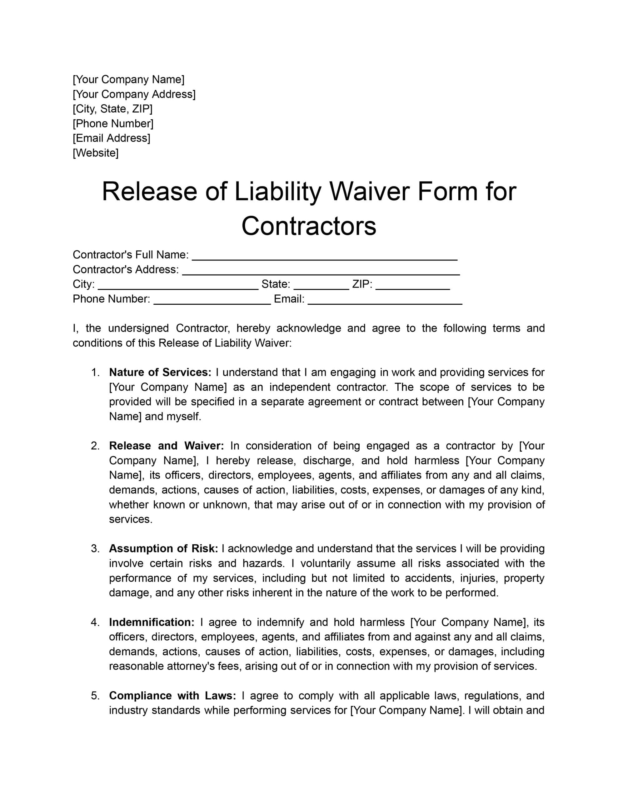 Free Waiver Of Liability Forms For Contractors Download Print 