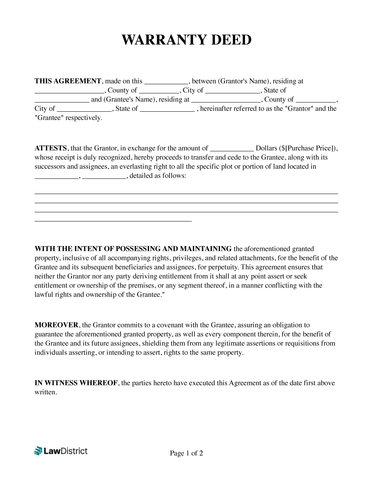 Free Warranty Deed Special And General Form LawDistrict