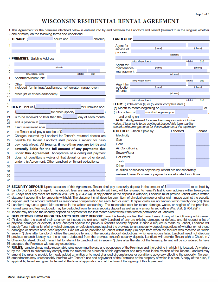 Free Wisconsin Rental Lease Agreement Templates PDF