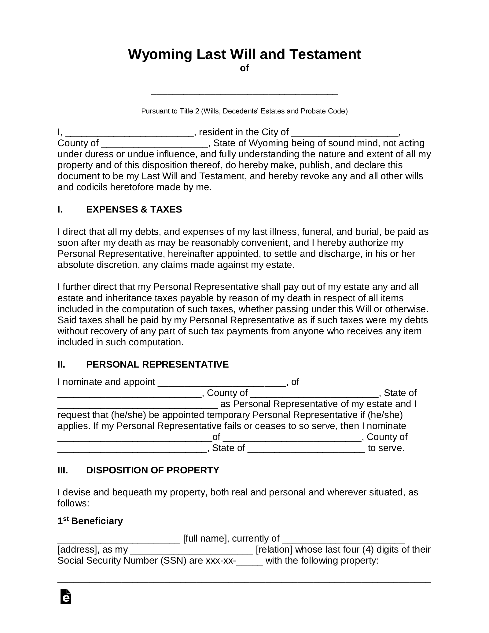 Free Wyoming Last Will And Testament Template PDF Word EForms