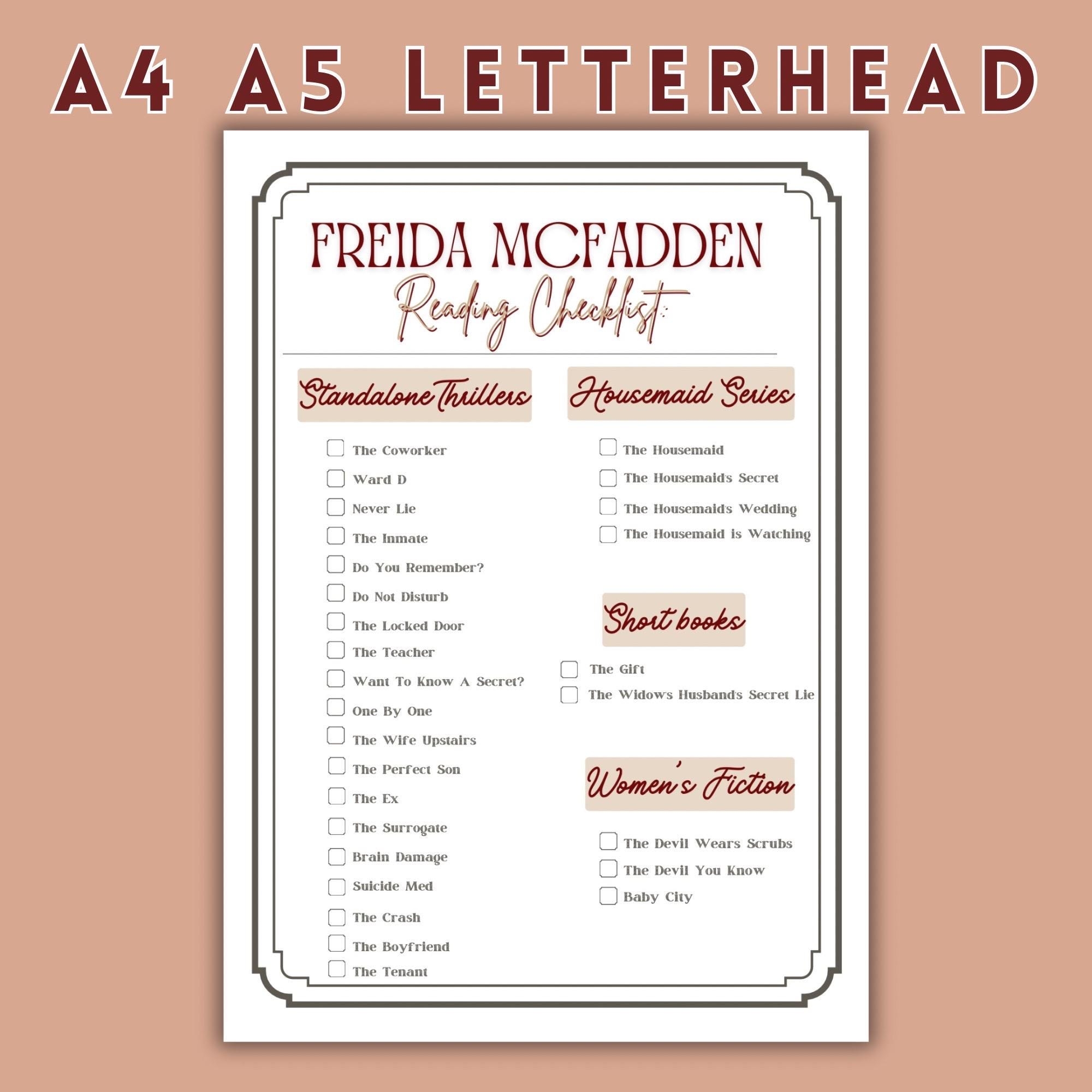Freida Mcfadden Printable Checklist Thriller Book Log Freida Mcfadden Book Log Pdf A4 A5 Letterhead Book Tracker Booktok Novels Etsy