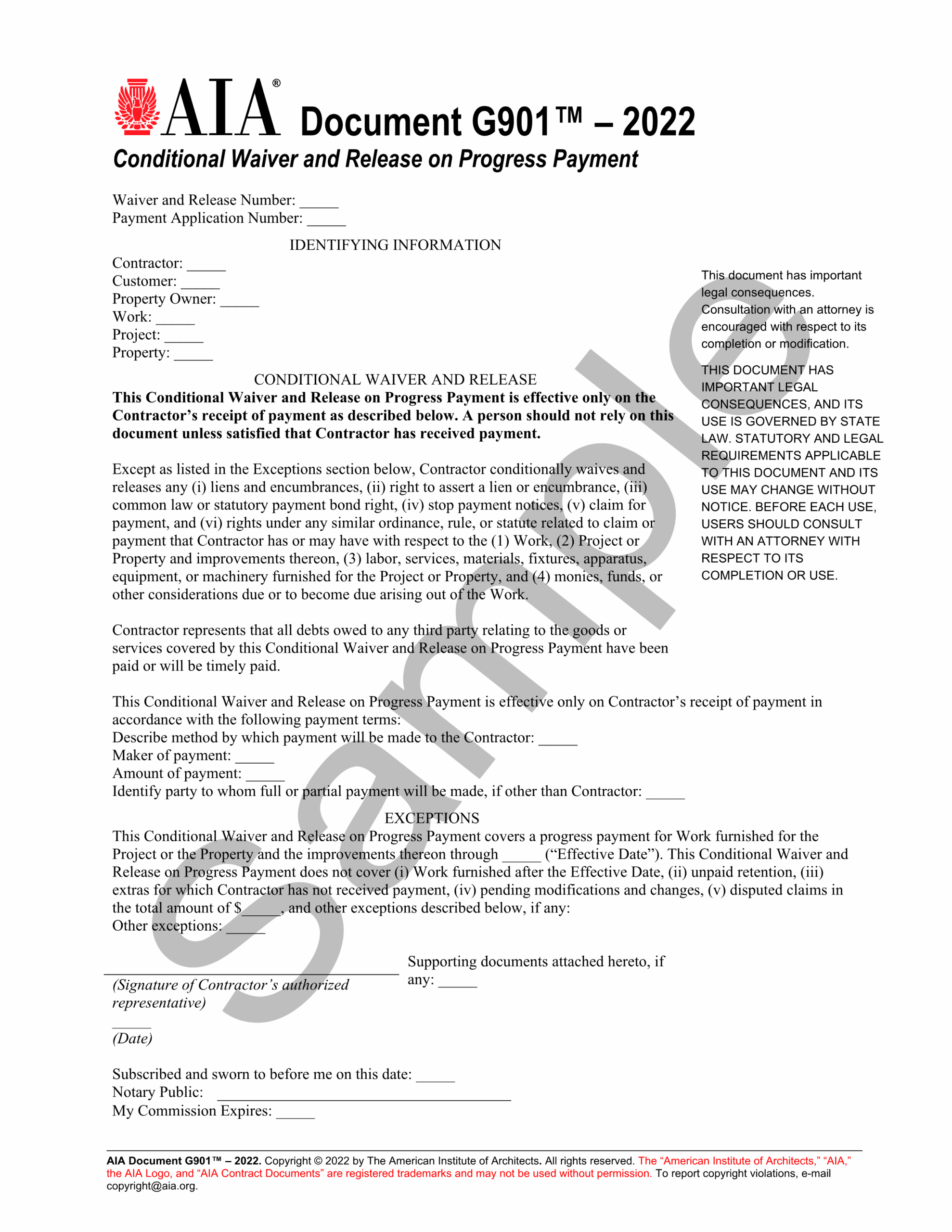 G901 Generic Conditional Lien Waiver And Release On Progress Payment