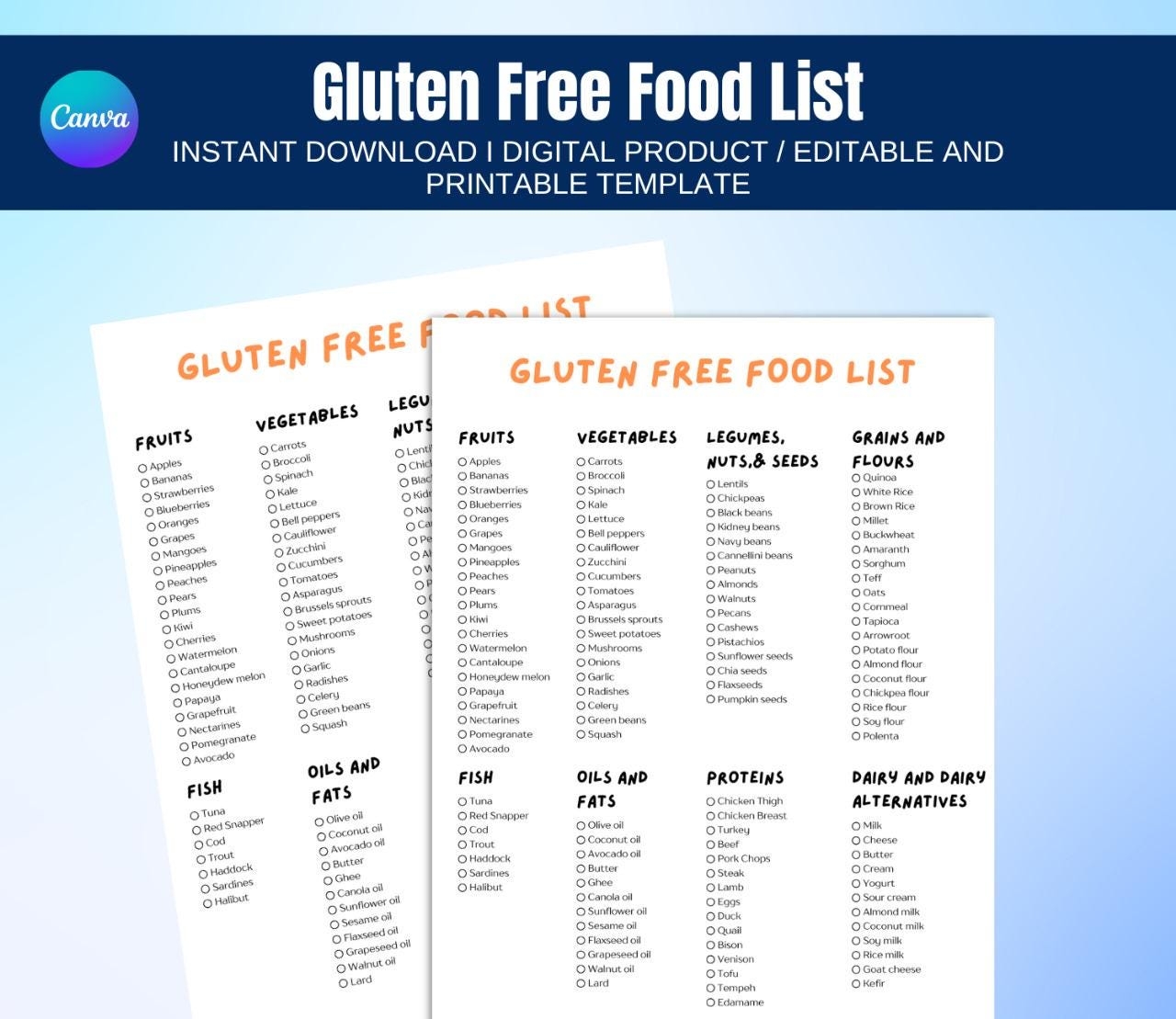 Gluten Free Food List Gluten Free Products Gluten Sensitivity Gluten Free Meal Planner Gluten Free Diet Template Etsy