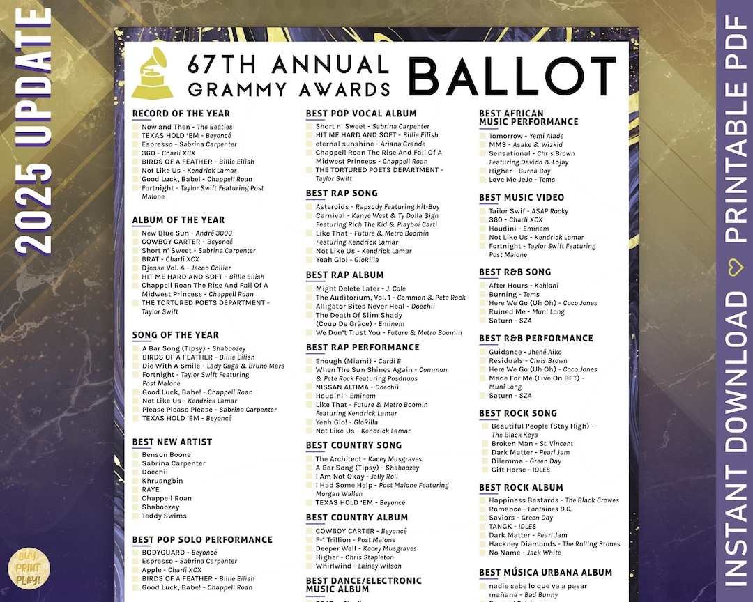 Grammy Awards Ballot 2025 Printable Music Awards Predictions Sheet Awards Watch Party Includes 20 Categories 30 Bingo Cards Etsy