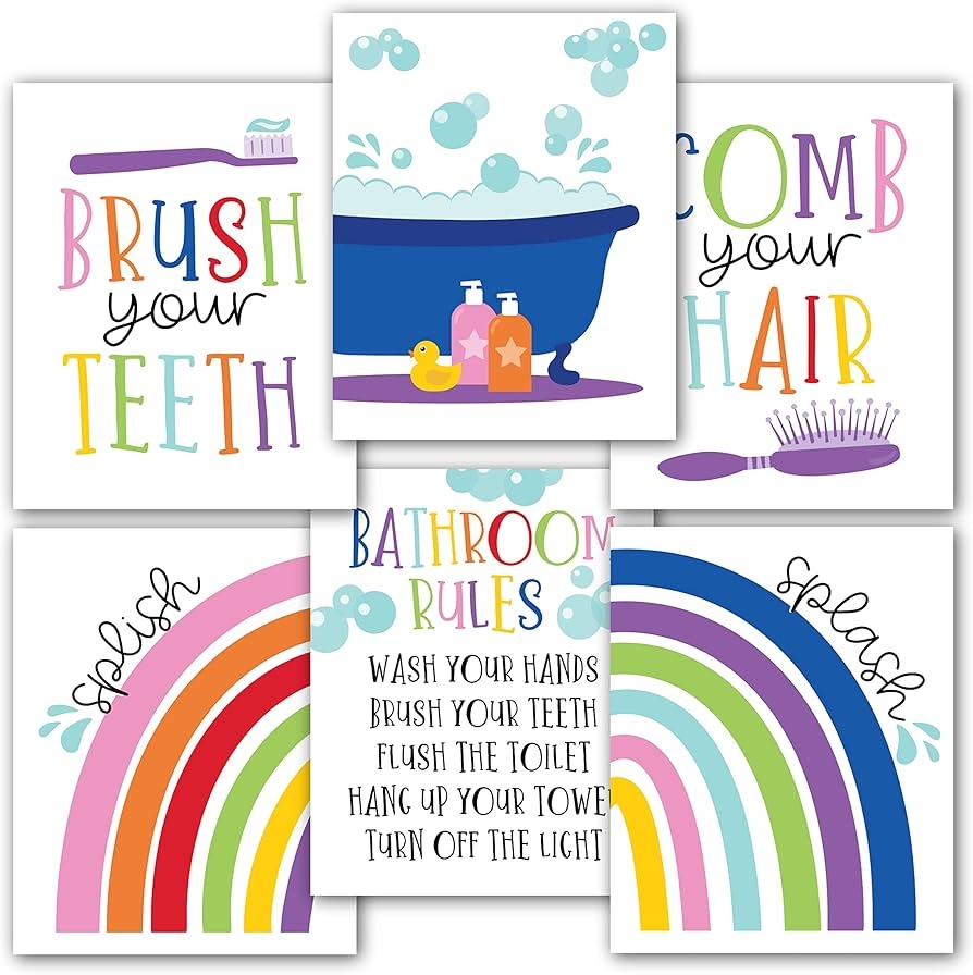 Hadley Designs 6 Reversible Colorful Kids Bathroom Decor Wall Art 8x10 Kids Bathroom Pictures Wall Decor Wall Decorations For Bathroom Art 