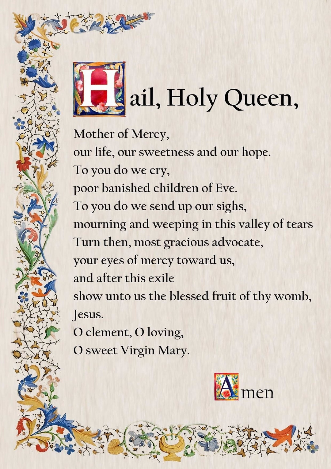 Hail Holy Queen Prayer Catholic Prayer Card Printable A4 Wall Art Christian Decor Popular Catholic Prayers Traditional Prayer Cards Etsy Australia