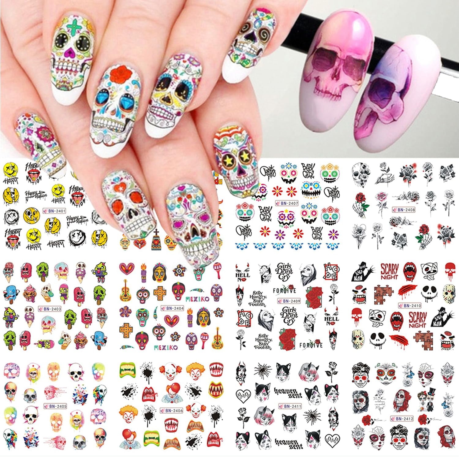 Halloween Nail Art Stickers Halloween Nail Water Decals Grimace Specter Nail Stickers Skull Foil Transfer Sliders Skeleton Ghost Witch Clown Design Nail Art Supplies For Women Nail Decorations 12Pcs Walmart ca