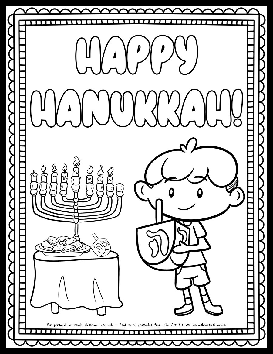 Happy Hanukkah Boy Holding Dreidel Coloring Page Free Printable 