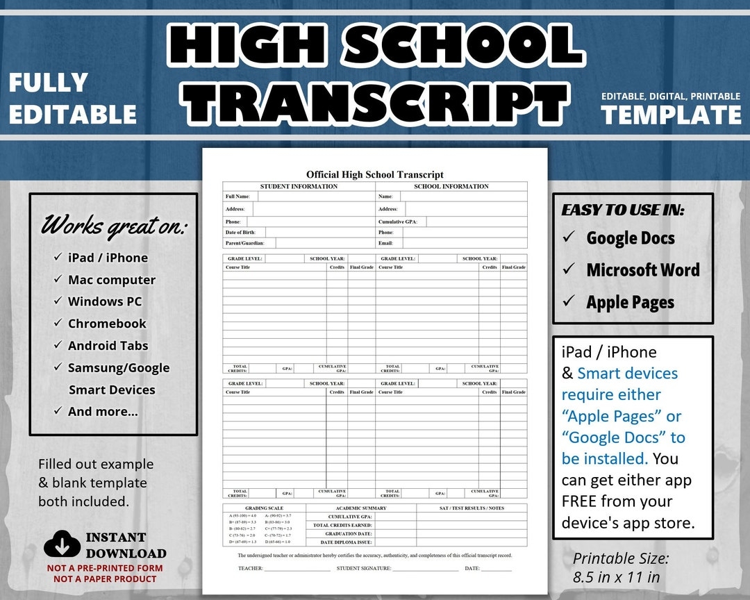 High School Transcript Template Google Docs Editable High School 
