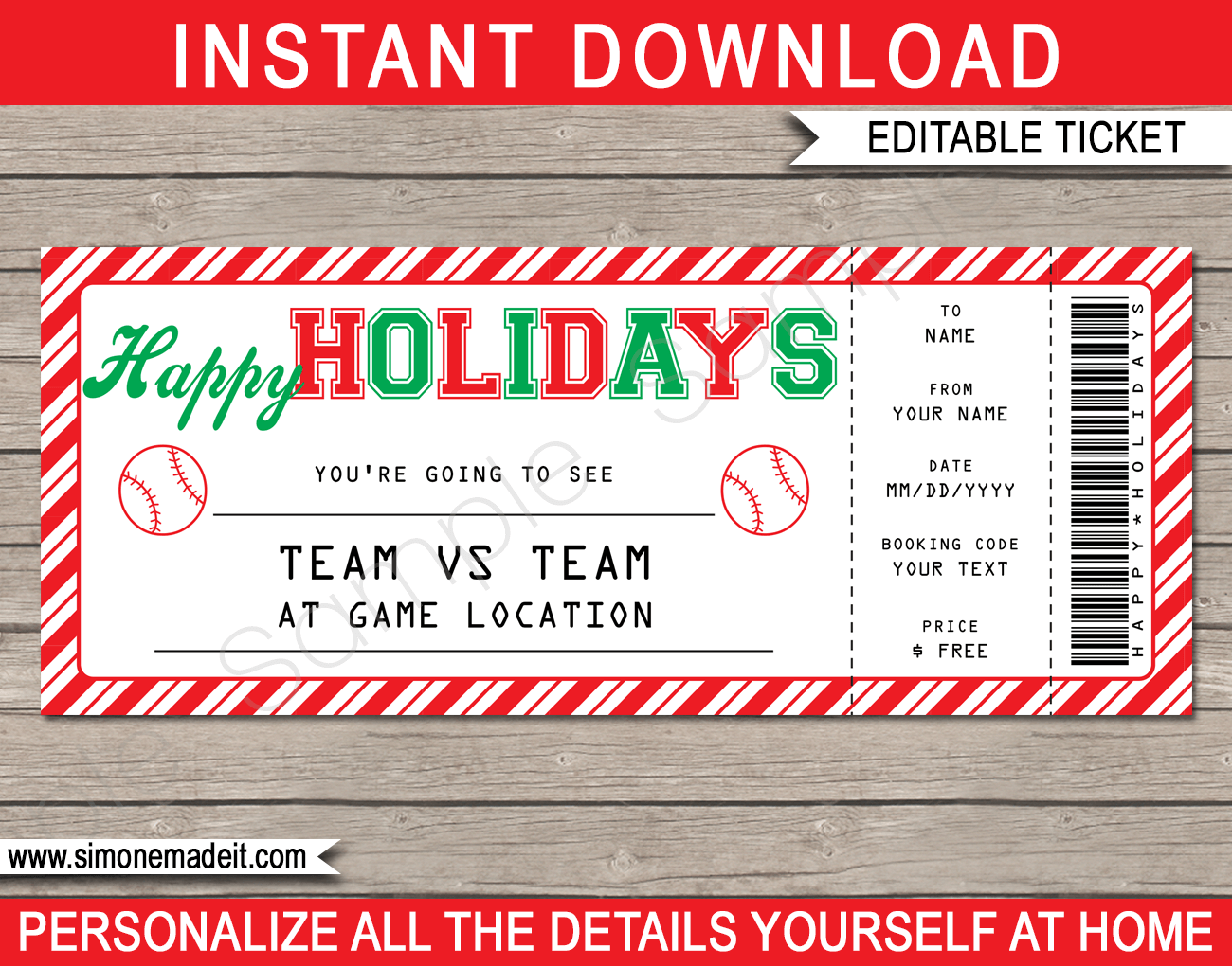Holidays Baseball Ticket Gift Voucher Printable Baseball Ticket 