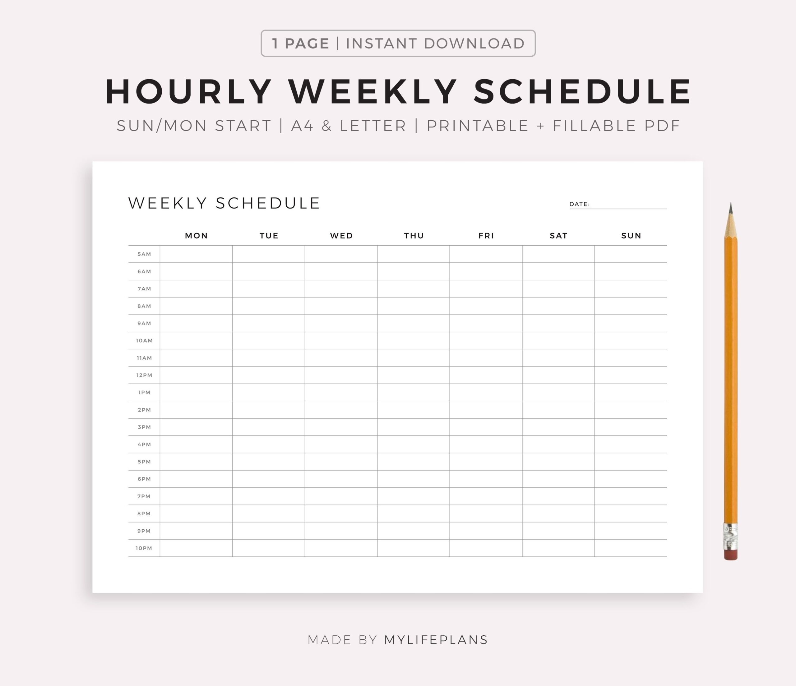 Hourly Weekly Schedule Landscape Printable U0026 Fillable PDF