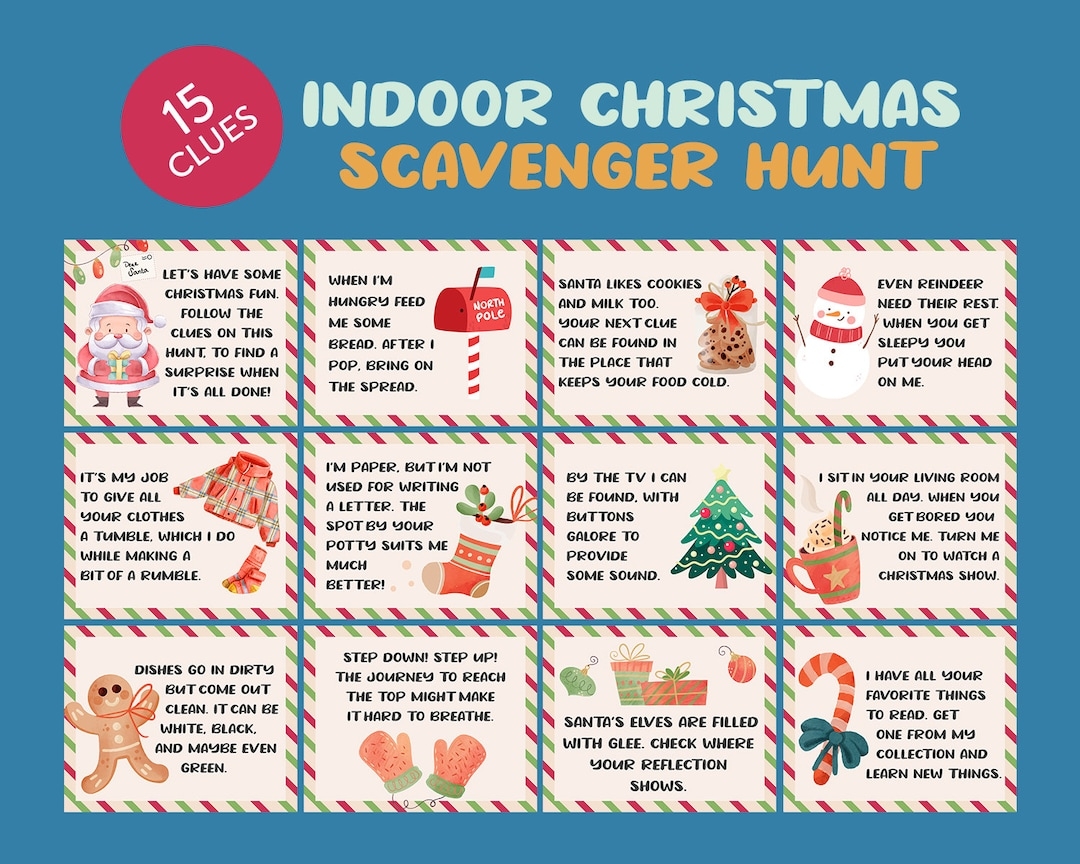 Indoor Christmas Scavenger Hunt For Kids Christmas Elf Kit Christmas Scavenger Hunt Game Printable Treasure Hunt Clues INSTANT DOWNLOAD Etsy