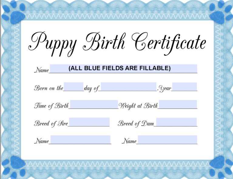 INSTANT Fillable Printable PDF Puppy Birth Certificate blue male Printable 8 5x11