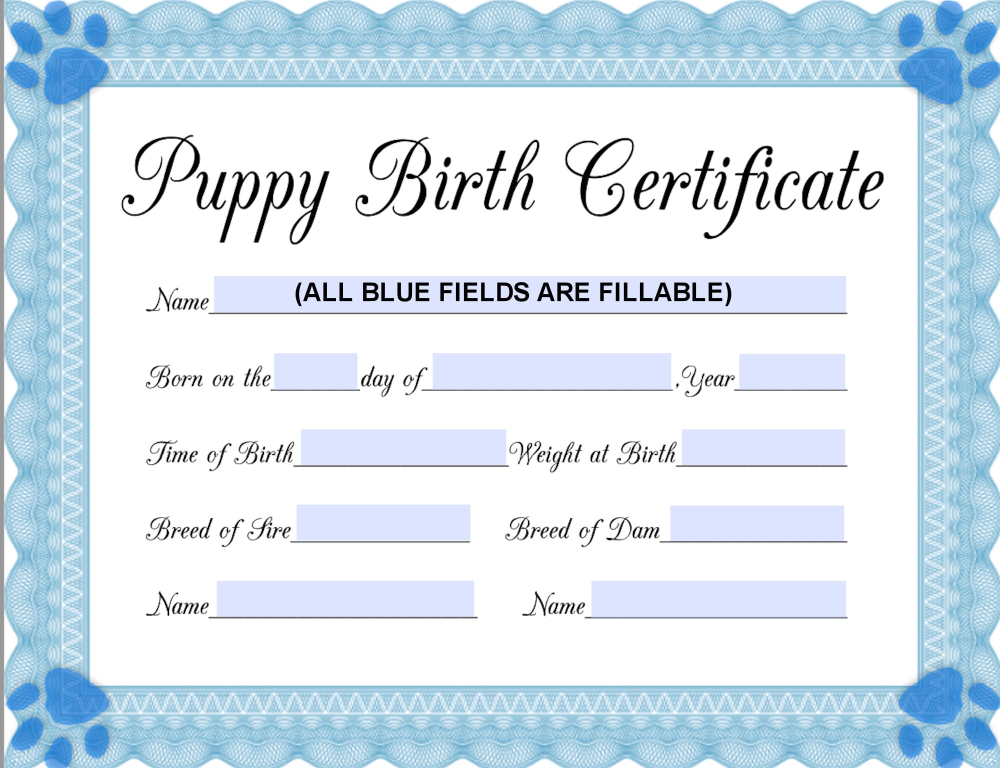 INSTANT Fillable Printable PDF Puppy Birth Certificate blue male Printable 8 5x11