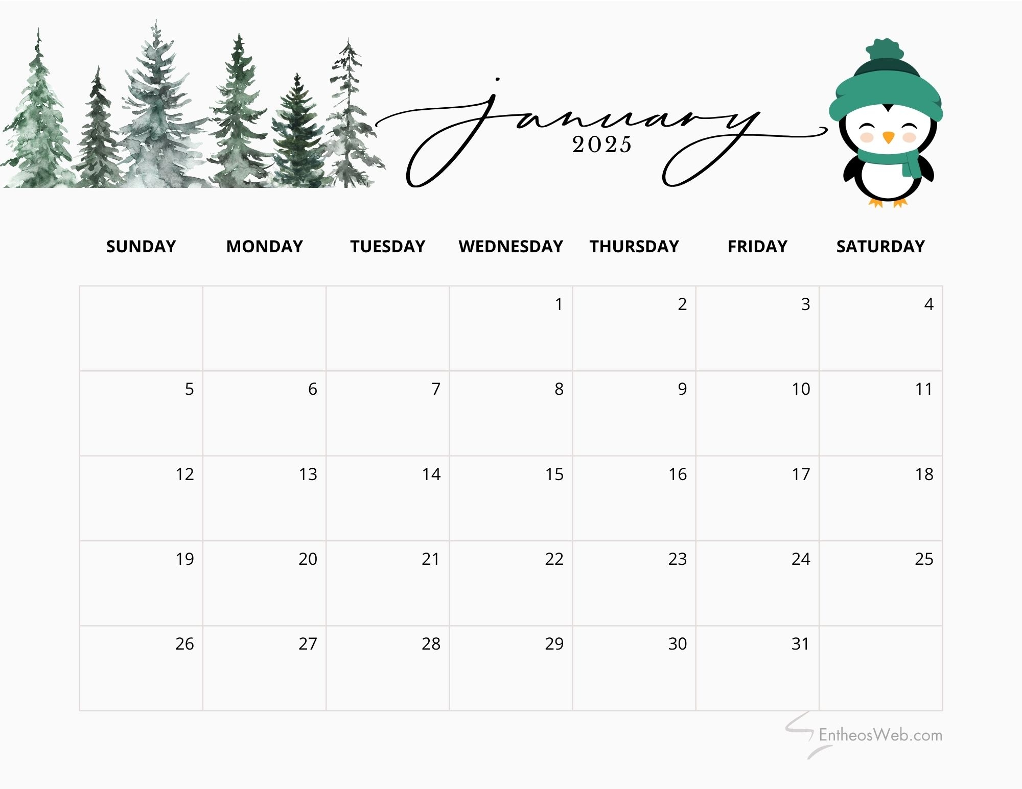 January 2025 Calendar Printable Pdf Free