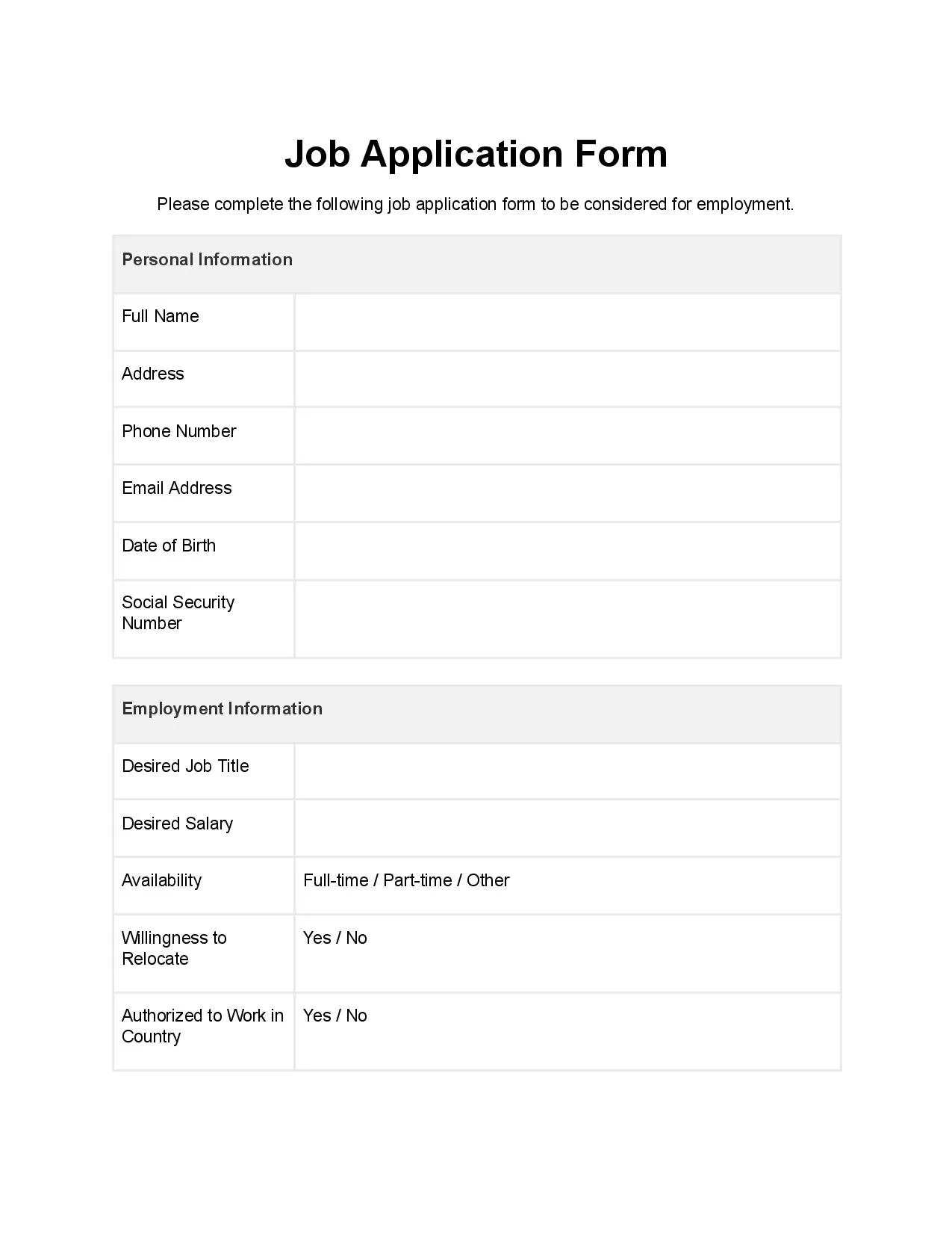 Job Application Form Template Free Download Easy Legal Docs Worksheets Library