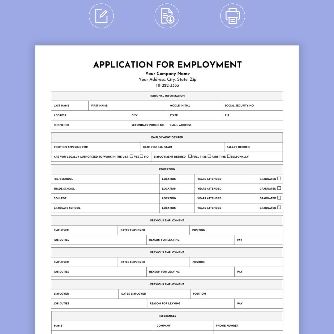 Job Application Template Employment Application Job Application 
