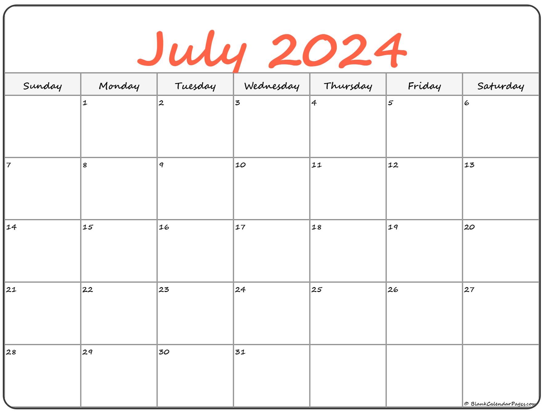 Free Printable July Calendar