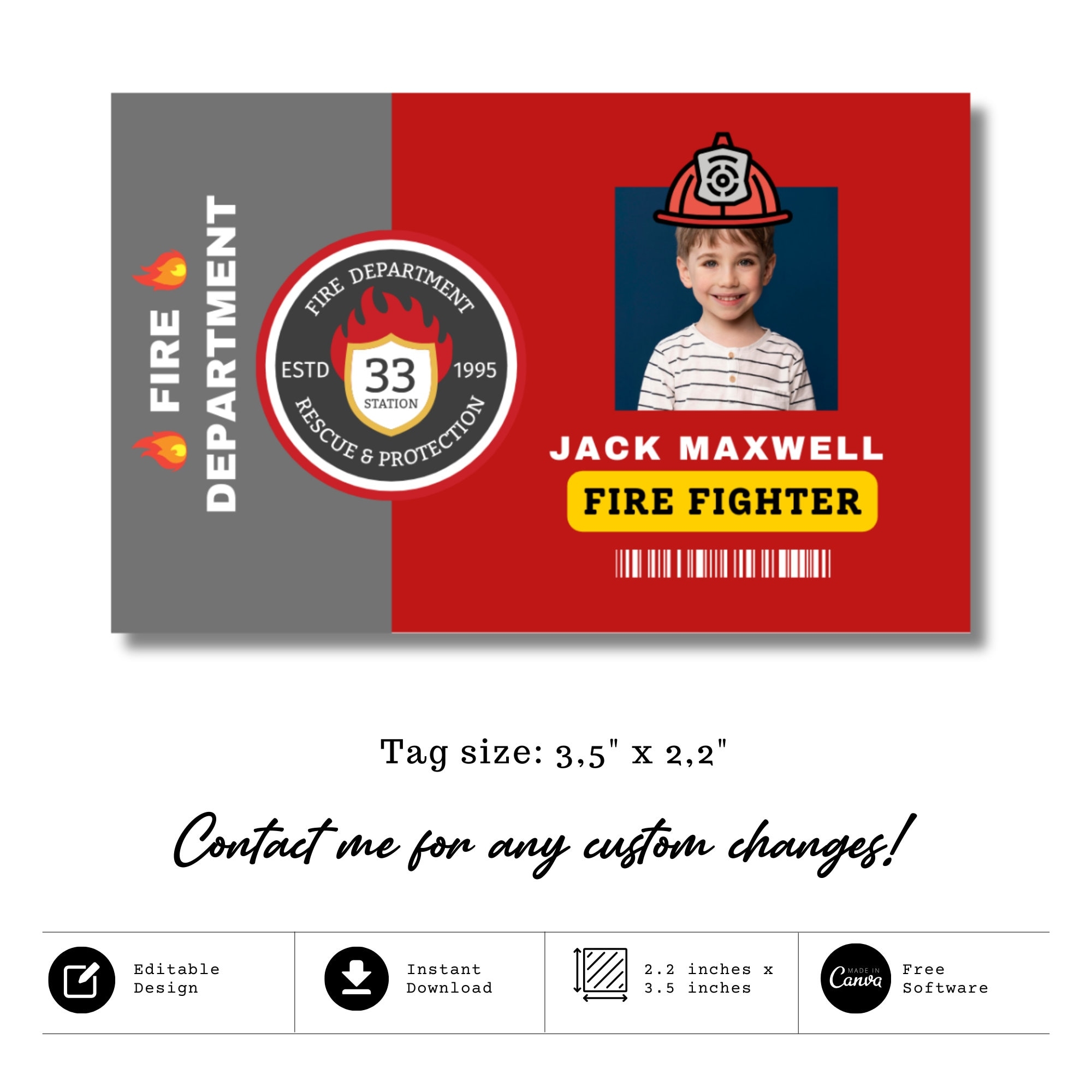Kids Firefighter Name Badge Pretend Play Fire Department Tag Fireman ID Card Etsy