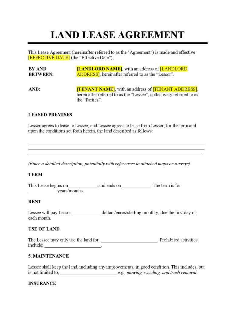 Land Lease Agreement Template Free Download Easy Legal Docs