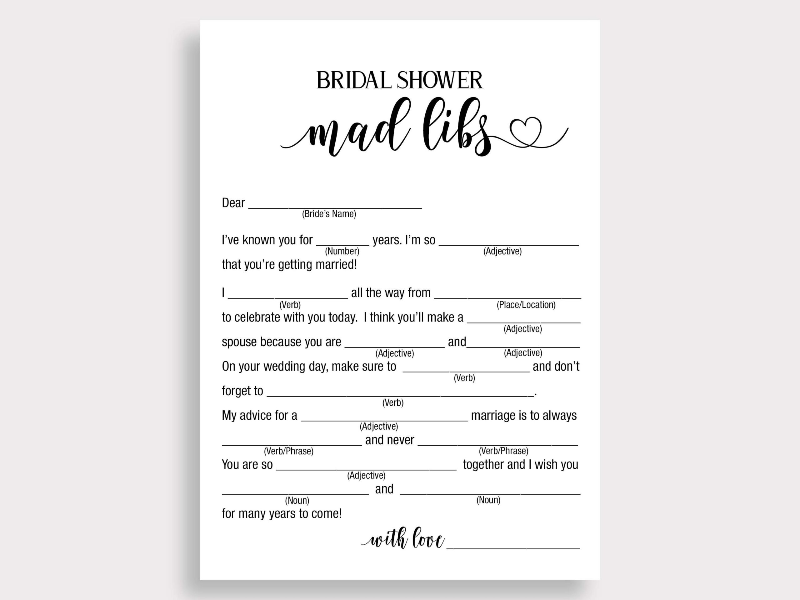 Mad Libs Bridal Shower Game Template Printable Minimalist Bridal Shower Funny Game Simple Wedding Shower Game Madlibs DIY W18 Etsy