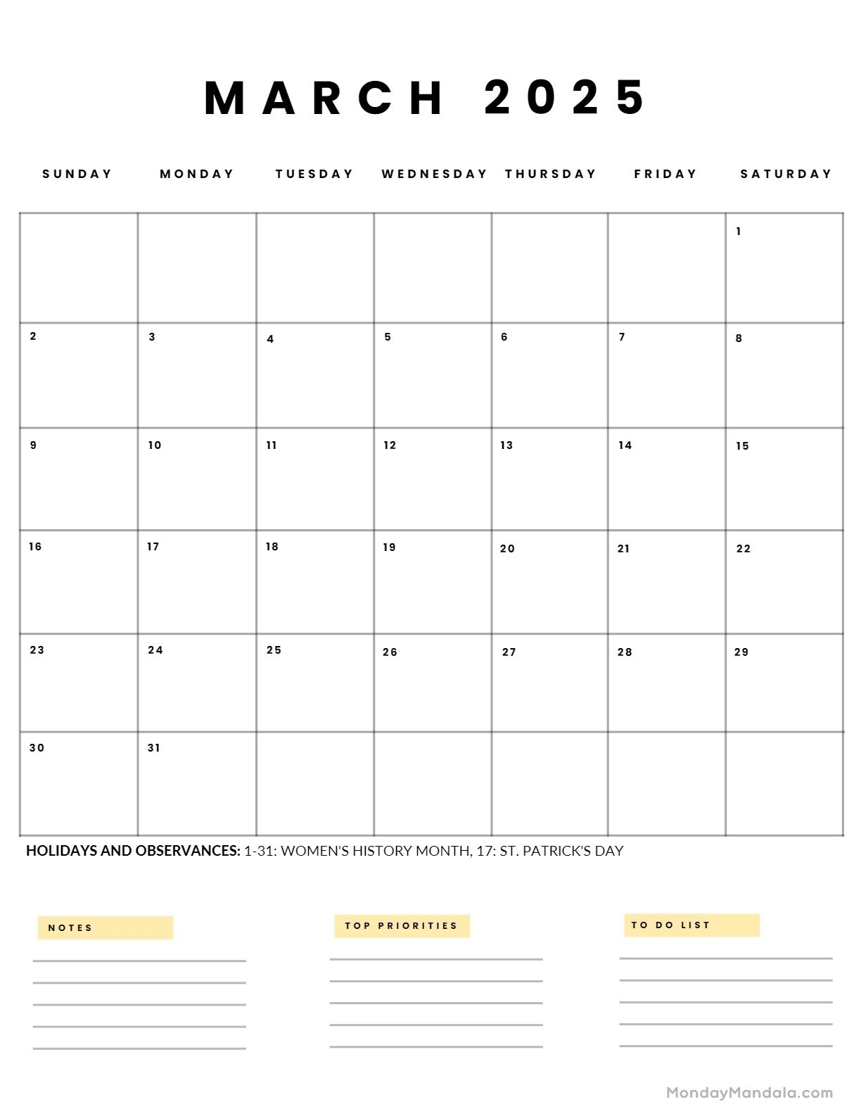March 2025 Calendar Printable Free