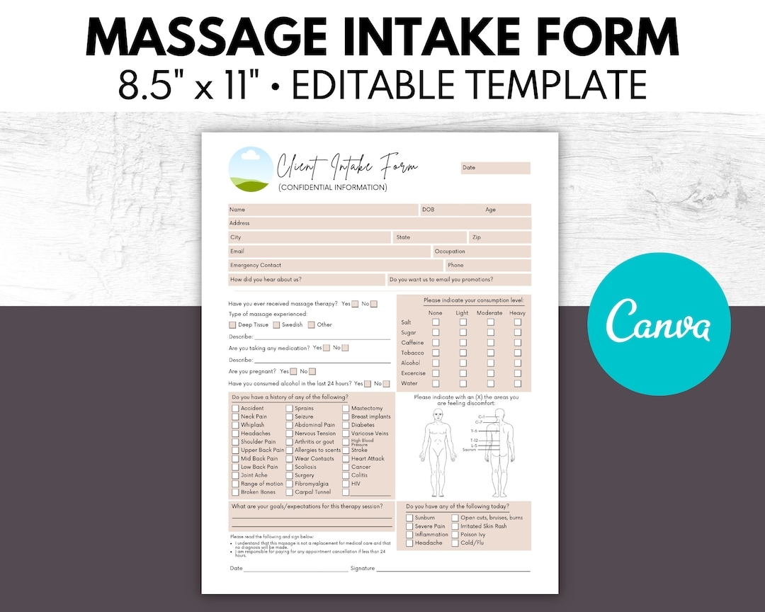 Massage Intake Form Massage Consent Form Massage Therapist Esthetician Business Form Medical History Form Customize In Canva Etsy
