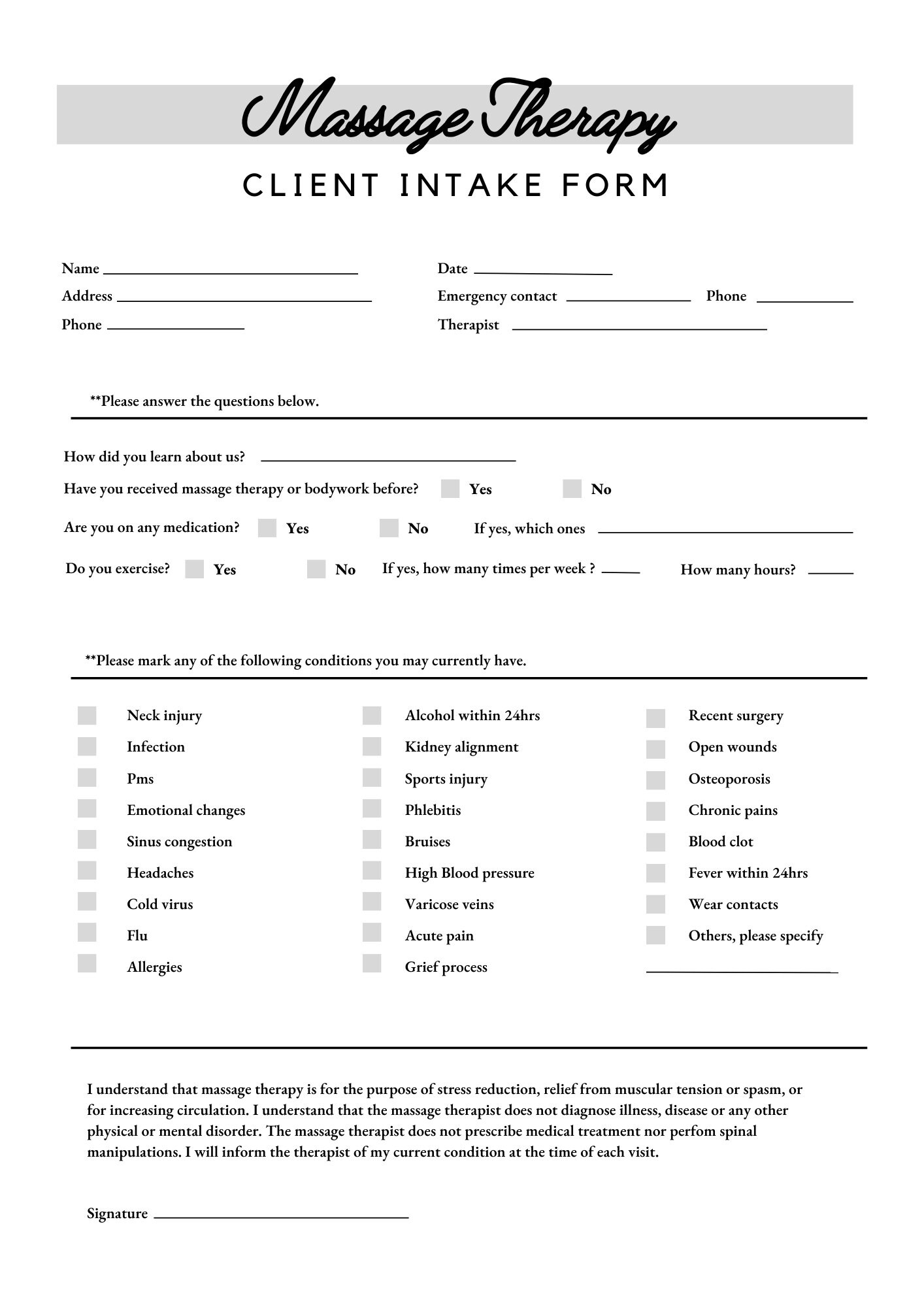 Massage Therapy Form Printable Forms Instant Download Etsy