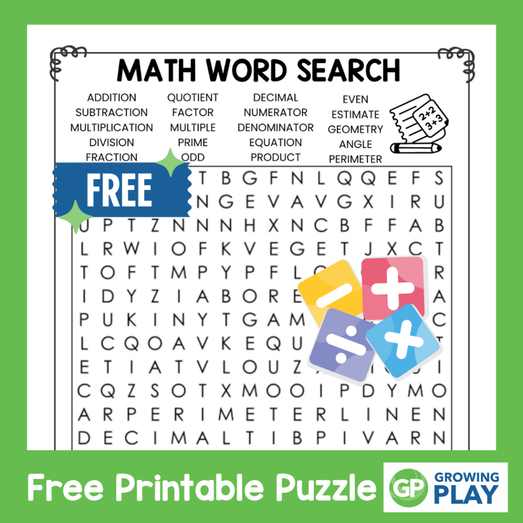 Math Word Search Puzzle Free Printable Growing Play