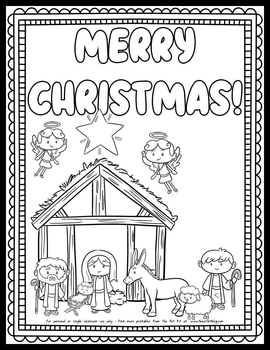 Merry Christmas Shepherd And Sheep Visiting Baby Jesus Coloring 