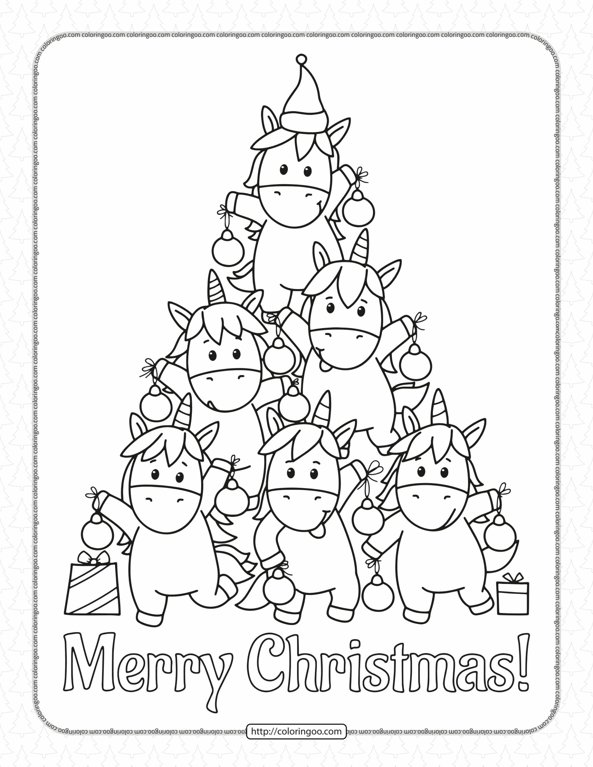 Merry Christmas Unicorn Tree Coloring Page